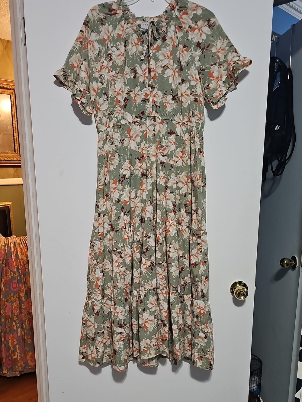 Hayden Sage Green Floral Maxi Dress with Rust and White Accents Womens Large